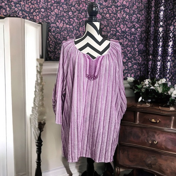 Catherine's Boho Embroidered Cotton Metallic Striped 3/4 Sleeve Sz 3X Blouse - Picture 1 of 12